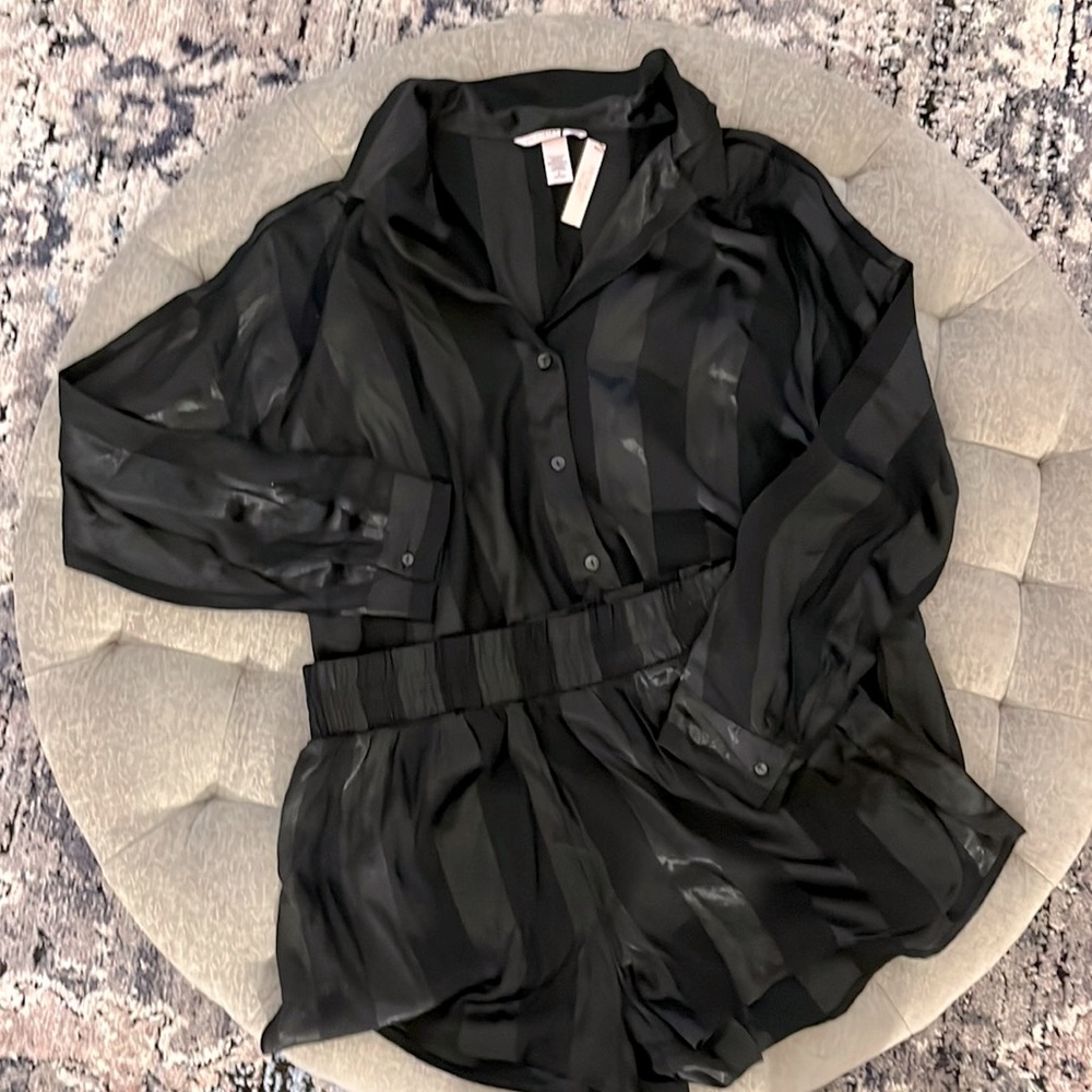 NWT! Victoria Secret Black Satin Pinned Stripped Two Piece Pajama Set.